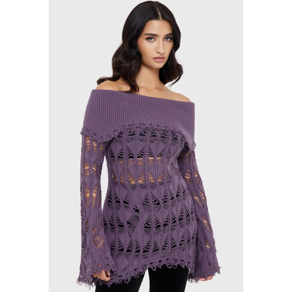 Killstar Shadow Wine Distressed Knit Off Shoulder Sweater Purple Goth XS